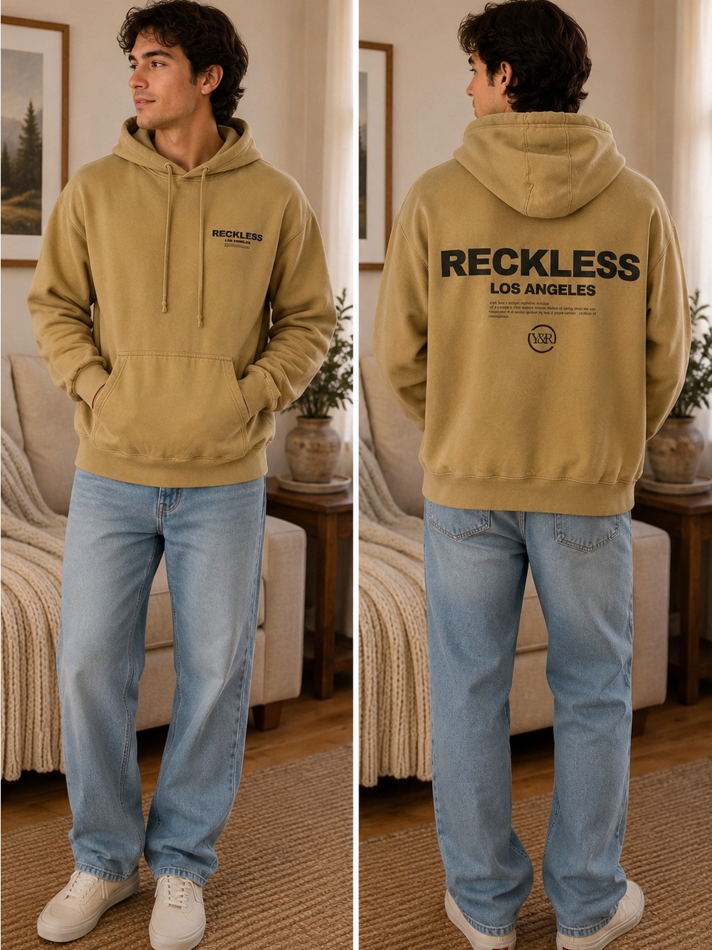 Young & Reckless Reckless Los Angeles Graphic Hoodie Tan Medium Streetwear Y2K